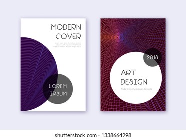 Trendy cover design template set. Violet abstract lines on dark background. Grand cover design. Shapely catalog, poster, book template etc.