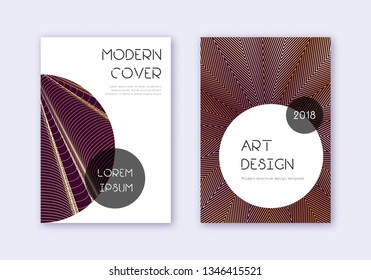 Trendy cover design template set. Gold abstract lines on maroon background. Gorgeous cover design. Graceful catalog, poster, book template etc.