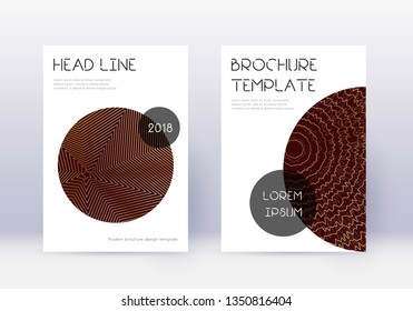 Trendy cover design template set. Gold abstract lines on maroon background. Flawless cover design. Shapely catalog, poster, book template etc.
