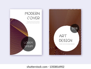 Trendy cover design template set. Gold abstract lines on maroon background. Gorgeous cover design. Great catalog, poster, book template etc.
