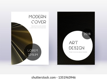 Trendy cover design template set. Gold abstract lines on black background. Gorgeous cover design. Amusing catalog, poster, book template etc.