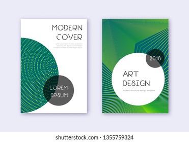 Trendy cover design template set. Green abstract lines on dark background. Gorgeous cover design. Juicy catalog, poster, book template etc.