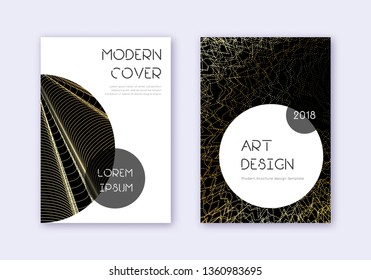 Trendy cover design template set. Gold abstract lines on black background. Good-looking cover design. Shapely catalog, poster, book template etc.