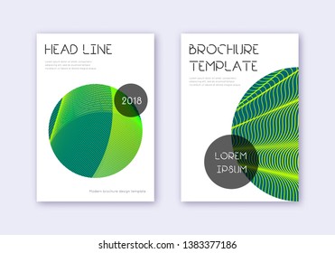 Trendy cover design template set. Green abstract lines on dark background. Fresh cover design. Awesome catalog, poster, book template etc.