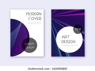 Trendy cover design template set. Neon abstract lines on dark blue background. Graceful cover design. Ecstatic catalog, poster, book template etc.