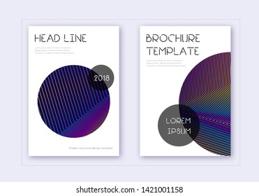 Trendy cover design template set. Rainbow abstract lines on dark blue background. Glamorous cover design. Dazzling catalog, poster, book template etc.