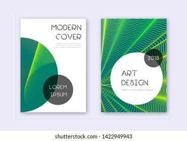 Trendy cover design template set. Green abstract lines on dark background. Gorgeous cover design. Lively catalog, poster, book template etc.
