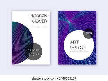 Trendy cover design template set. Neon abstract lines on dark blue background. Graceful cover design. Delightful catalog, poster, book template etc.