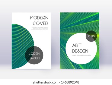 Trendy cover design template set. Green abstract lines on dark background. Gorgeous cover design. Quaint catalog, poster, book template etc.