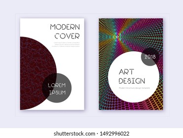 Trendy cover design template set. Rainbow abstract lines on wine red background. Grand cover design. Charming catalog, poster, book template etc.