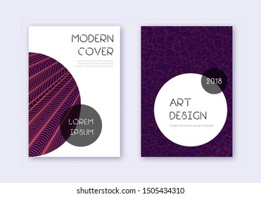 Trendy cover design template set. Violet abstract lines on dark background. Grand cover design. Wonderful catalog, poster, book template etc.