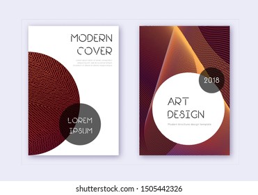 Trendy cover design template set. Orange abstract lines on wine red background. Graceful cover design. Fabulous catalog, poster, book template etc.