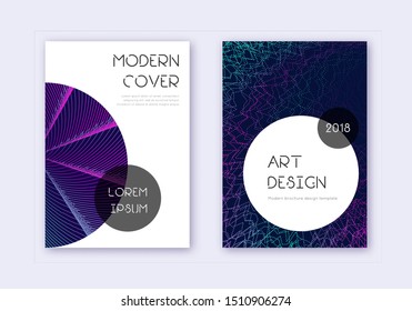 Trendy cover design template set. Neon abstract lines on dark blue background. Gorgeous cover design. Uncommon catalog, poster, book template etc.