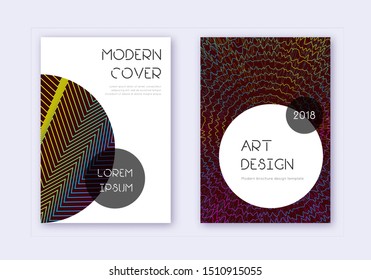 Trendy cover design template set. Rainbow abstract lines on wine red background. Grand cover design. Authentic catalog, poster, book template etc.