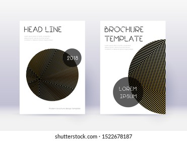 Trendy cover design template set. Gold abstract lines on black background. Flawless cover design. Fresh catalog, poster, book template etc.