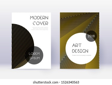Trendy cover design template set. Gold abstract lines on black background. Gorgeous cover design. Authentic catalog, poster, book template etc.