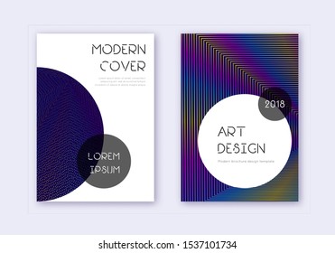 Trendy cover design template set. Rainbow abstract lines on dark blue background. Graceful cover design. Unique catalog, poster, book template etc.