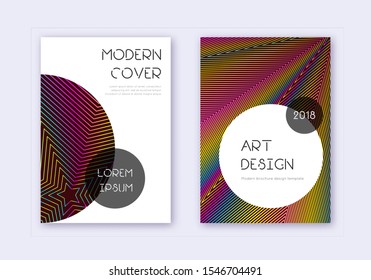 Trendy cover design template set. Rainbow abstract lines on wine red background. Grand cover design. Fascinating catalog, poster, book template etc.