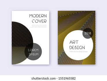 Trendy cover design template set. Gold abstract lines on black background. Gorgeous cover design. Appealing catalog, poster, book template etc.