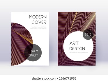 Trendy cover design template set. Gold abstract lines on maroon background. Gorgeous cover design. Ideal catalog, poster, book template etc.