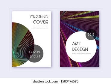 Trendy cover design template set. Rainbow abstract lines on wine red background. Grand cover design. Cool catalog, poster, book template etc.