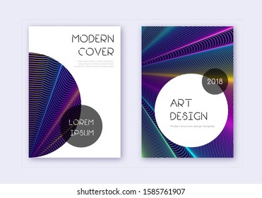 Trendy cover design template set. Rainbow abstract lines on dark blue background. Graceful cover design. Terrific catalog, poster, book template etc.