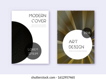 Trendy cover design template set. Gold abstract lines on black background. Gorgeous cover design. Amazing catalog, poster, book template etc.