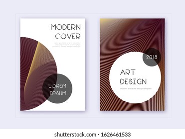 Trendy cover design template set. Gold abstract lines on maroon background. Gorgeous cover design. Imaginative catalog, poster, book template etc.