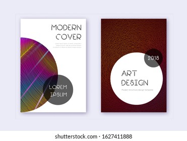 Trendy cover design template set. Rainbow abstract lines on wine red background. Grand cover design. Divine catalog, poster, book template etc.