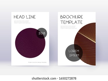 Trendy cover design template set. Gold abstract lines on maroon background. Flawless cover design. Pleasant catalog, poster, book template etc.