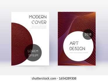 Trendy cover design template set. Orange abstract lines on wine red background. Graceful cover design. Magnetic catalog, poster, book template etc.