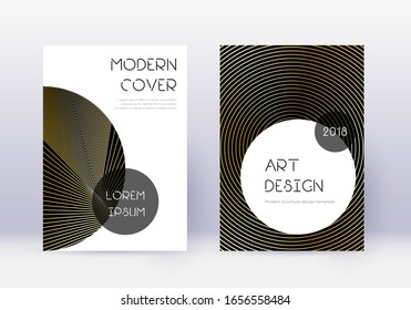 Trendy cover design template set. Gold abstract lines on black background. Good-looking cover design. Wondrous catalog, poster, book template etc.