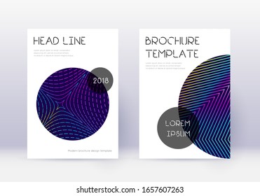Trendy cover design template set. Rainbow abstract lines on dark blue background. Glamorous cover design. Fetching catalog, poster, book template etc.