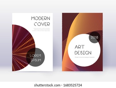 Trendy cover design template set. Orange abstract lines on wine red background. Graceful cover design. Fair catalog, poster, book template etc.