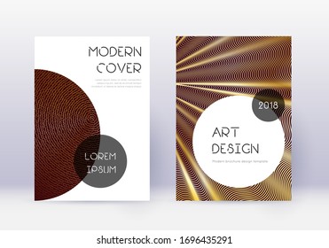 Trendy cover design template set. Gold abstract lines on maroon background. Gorgeous cover design. Fair catalog, poster, book template etc.