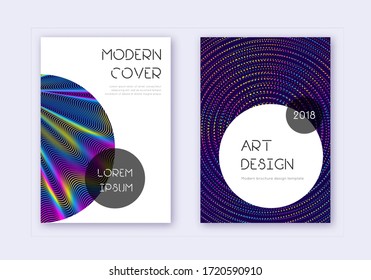 Design-Template-Set für modische Cover. Abstrakte Regenbogen-Linien auf dunkelblauem Hintergrund. Graceful Cover Design. Seltener Katalog, Plakat, Buchvorlage etc.