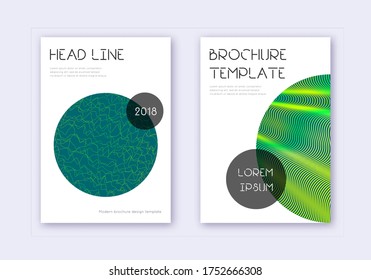 Conjunto de plantillas de diseño de portada de moda. Líneas abstractas verdes sobre fondo oscuro. Diseño de cubierta fresca. Fantástico catálogo, afiche, plantilla de libro, etc.