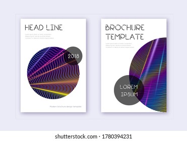 Trendy cover design template set. Rainbow abstract lines on dark blue background. Glamorous cover design. Fantastic catalog, poster, book template etc.