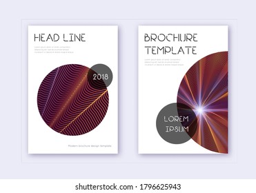Trendy cover design template set. Orange abstract lines on wine red background. Fresh cover design. Worthy catalog, poster, book template etc.
