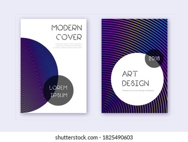 Trendy cover design template set. Rainbow abstract lines on dark blue background. Graceful cover design. Quaint catalog, poster, book template etc.