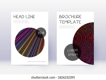 Trendy cover design template set. Rainbow abstract lines on wine red background. Glamorous cover design. Noteworthy catalog, poster, book template etc.