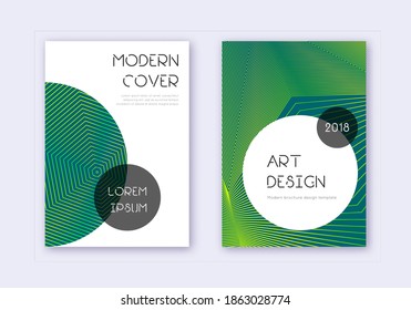 Trendy cover design template set. Green abstract lines on dark background. Gorgeous cover design. Impressive catalog, poster, book template etc.