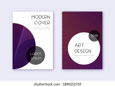 Trendy cover design template set. Violet abstract lines on dark background. Great cover design. Classy catalog, poster, book template etc.