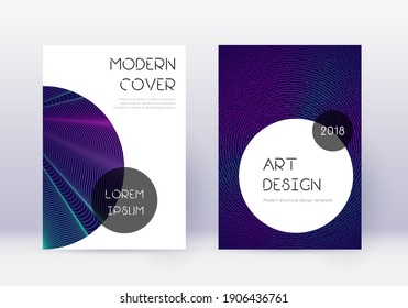Trendy cover design template set. Neon abstract lines on dark blue background. Graceful cover design. Bewitching catalog, poster, book template etc.