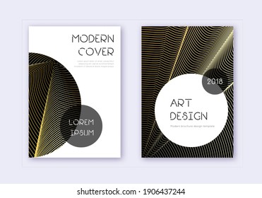 Trendy cover design template set. Gold abstract lines on black background. Good-looking cover design. Uncommon catalog, poster, book template etc.