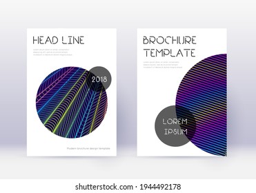 Trendy cover design template set. Rainbow abstract lines on dark blue background. Glamorous cover design. Great catalog, poster, book template etc.