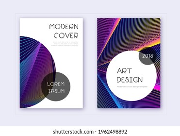 Trendy cover design template set. Rainbow abstract lines on dark blue background. Grand cover design. Amazing catalog, poster, book template etc.