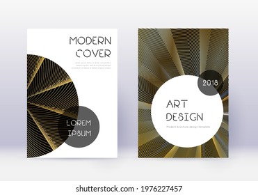 Trendy cover design template set. Gold abstract lines on black background. Good-looking cover design. Tempting catalog, poster, book template etc.