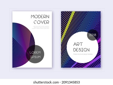 Conjunto de plantillas de diseño de portada de moda. Líneas abstractas del arcoiris sobre fondo azul oscuro. Diseño elegante de la cubierta. Catálogo, afiche, plantilla de libro sobresaliente, etc.