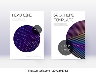 Conjunto de plantillas de diseño de portada de moda. Líneas abstractas del arcoiris sobre fondo azul oscuro. Diseño de portada glamuroso. Catálogo exótico, afiche, plantilla de libro, etc.